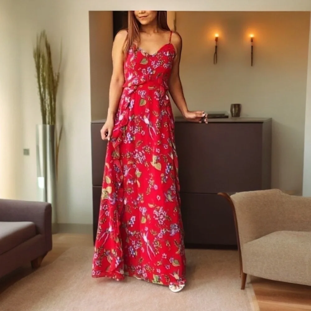 Nanette Leopore red floral Hummingbird long /Maxi flowy summer dress sz: 10